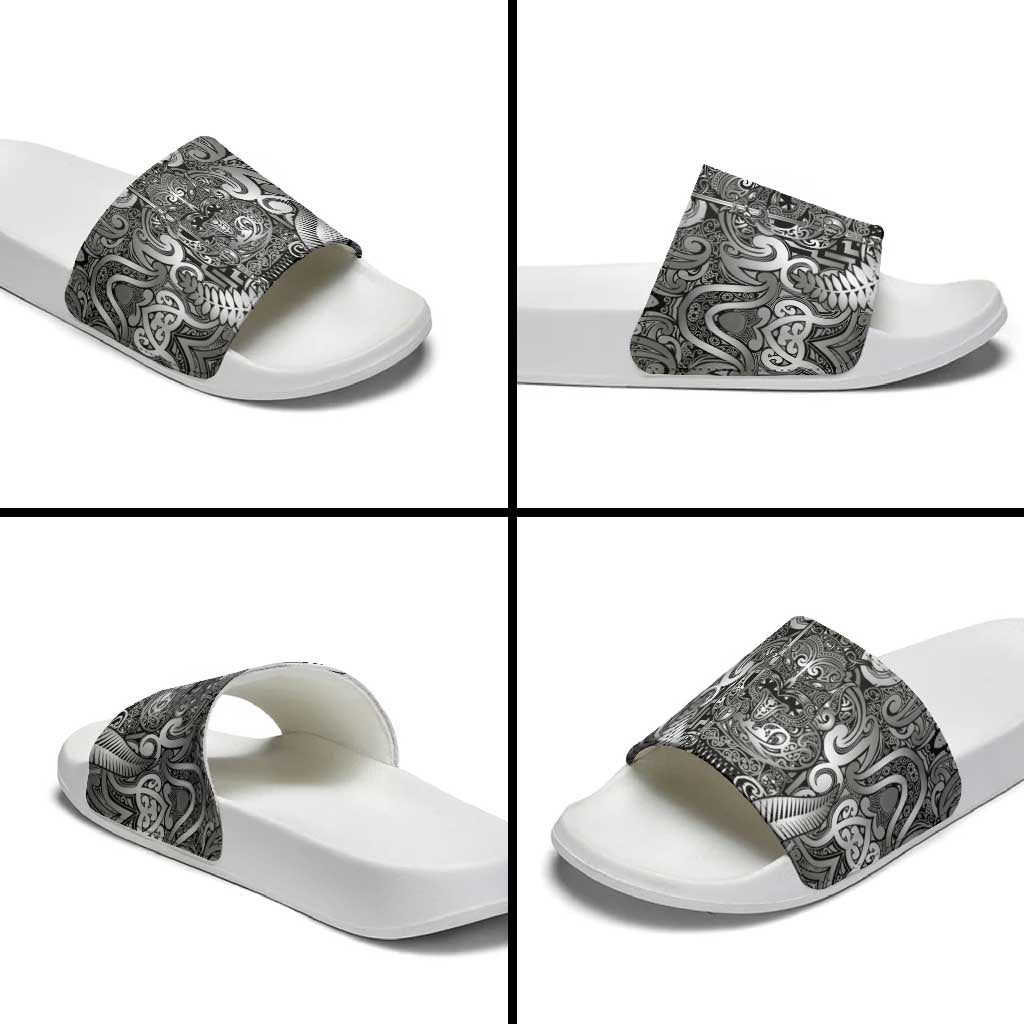 New Zealand Taiaha Maori Slide Sandals Kiwikiwi Minimalist Silver Fern Tukutuku Motif