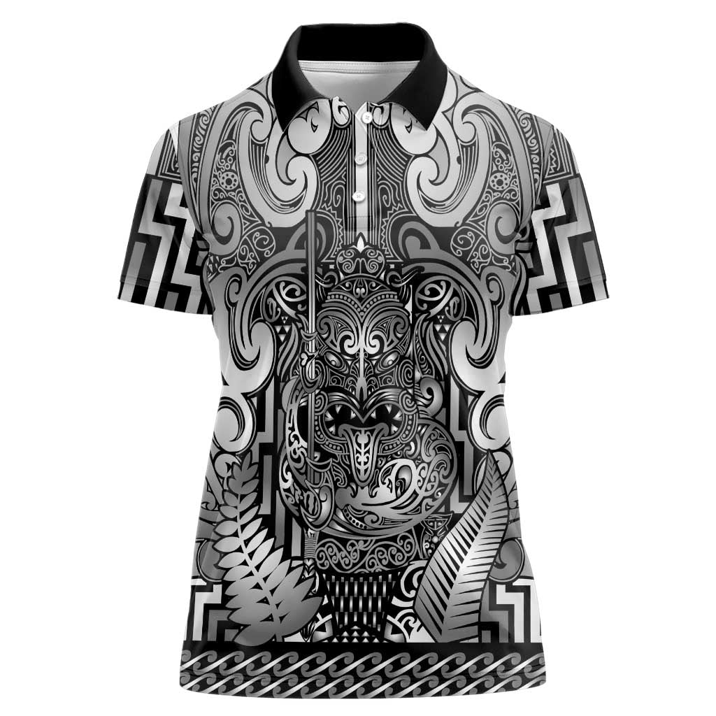 Custom New Zealand Taiaha Maori Women Polo Shirt Kiwikiwi Minimalist Silver Fern Tukutuku Motif