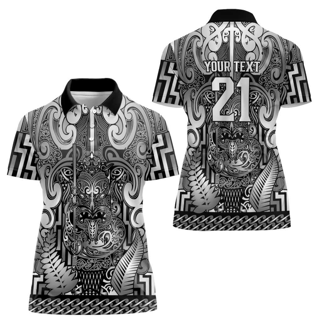 Custom New Zealand Taiaha Maori Women Polo Shirt Kiwikiwi Minimalist Silver Fern Tukutuku Motif