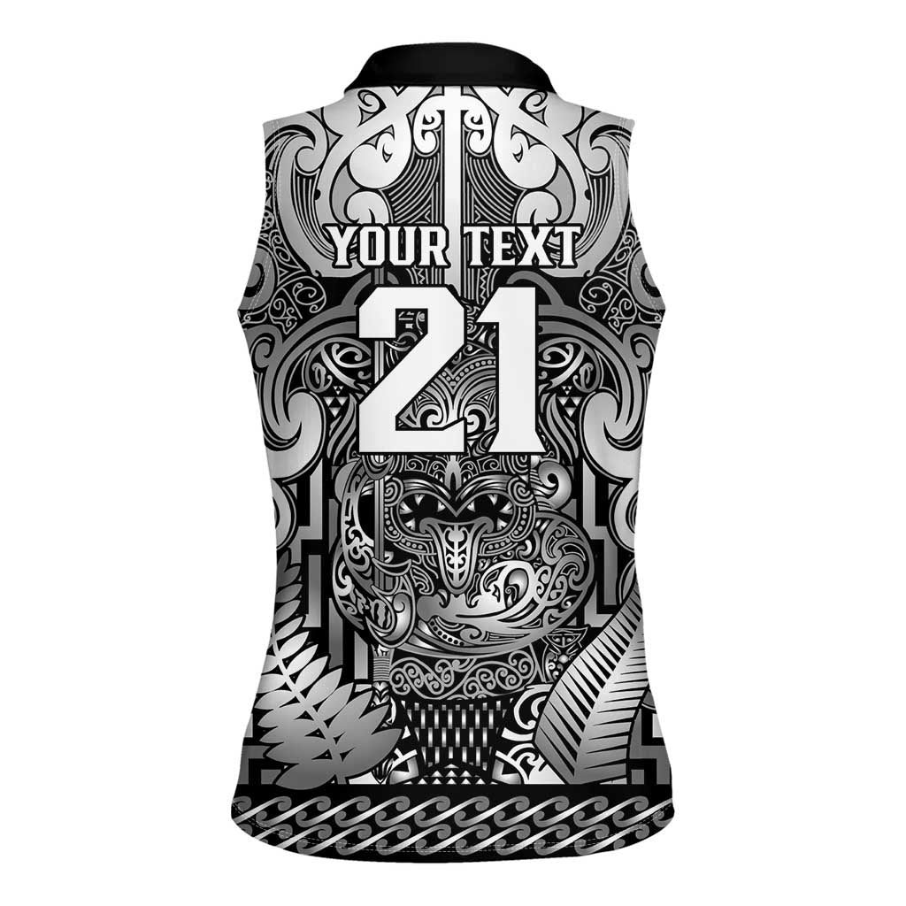 Custom New Zealand Taiaha Maori Women Sleeveless Polo Shirt Kiwikiwi Minimalist Silver Fern Tukutuku Motif