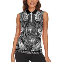 Custom New Zealand Taiaha Maori Women Sleeveless Polo Shirt Kiwikiwi Minimalist Silver Fern Tukutuku Motif