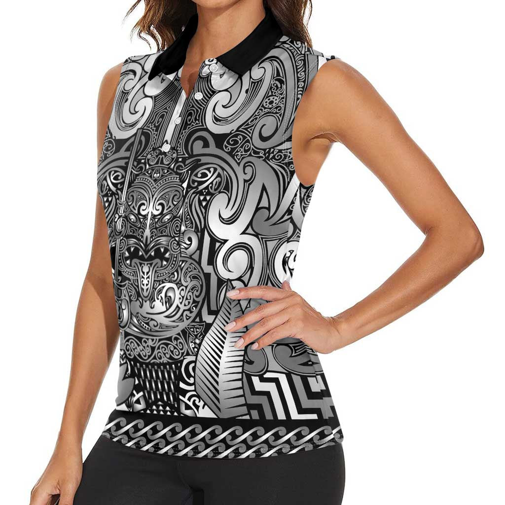Custom New Zealand Taiaha Maori Women Sleeveless Polo Shirt Kiwikiwi Minimalist Silver Fern Tukutuku Motif