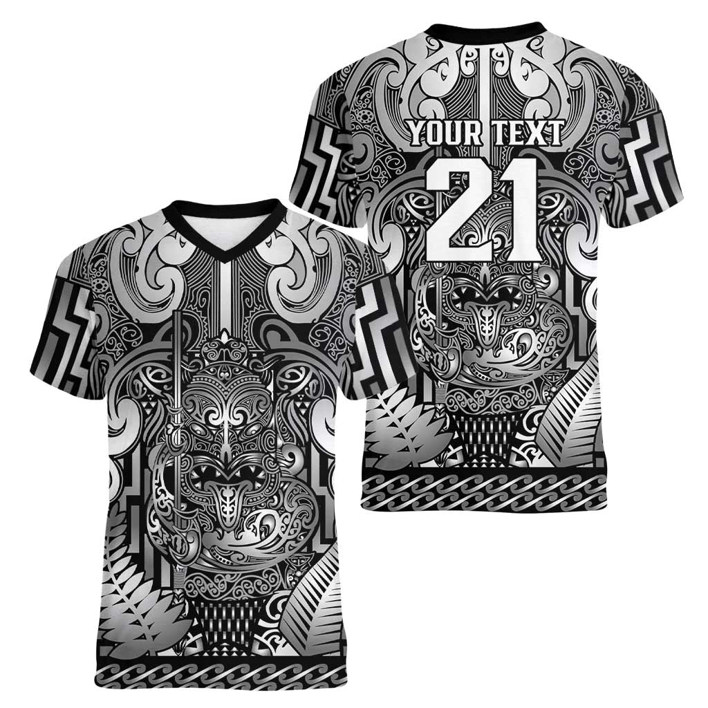 Custom New Zealand Taiaha Maori Women V-Neck T-Shirt Kiwikiwi Minimalist Silver Fern Tukutuku Motif LT9 - Polynesian Pride
