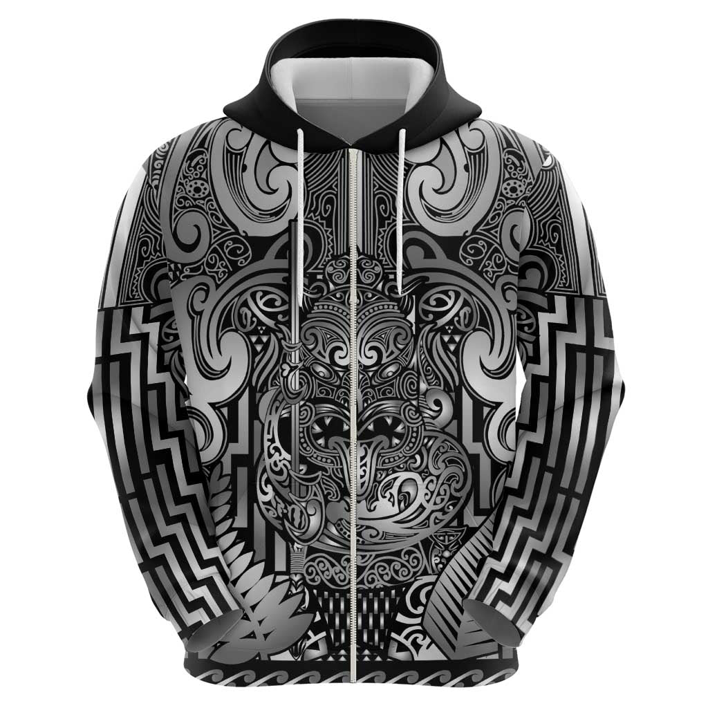 Custom New Zealand Taiaha Maori Zip Hoodie Kiwikiwi Minimalist Silver Fern Tukutuku Motif LT9 - Polynesian Pride
