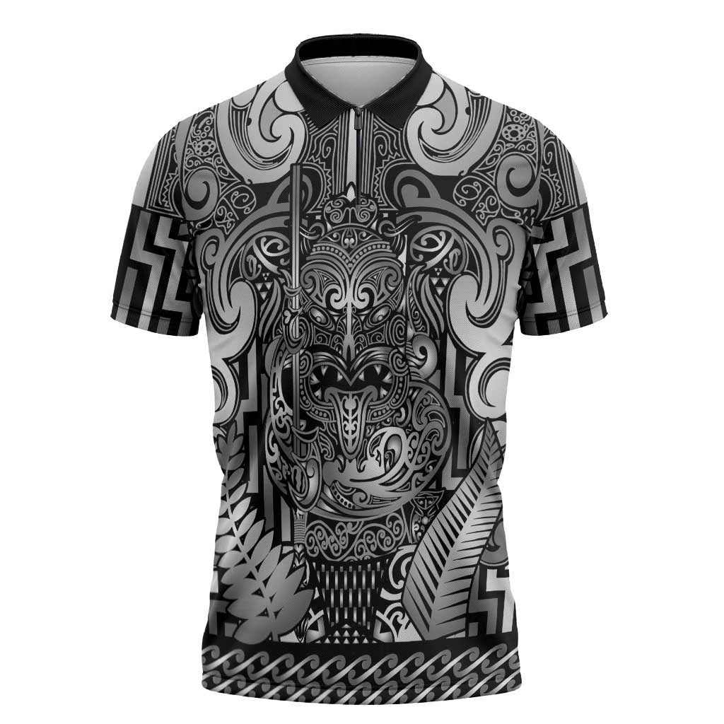 Custom New Zealand Taiaha Maori Zipper Polo Shirt Kiwikiwi Minimalist Silver Fern Tukutuku Motif