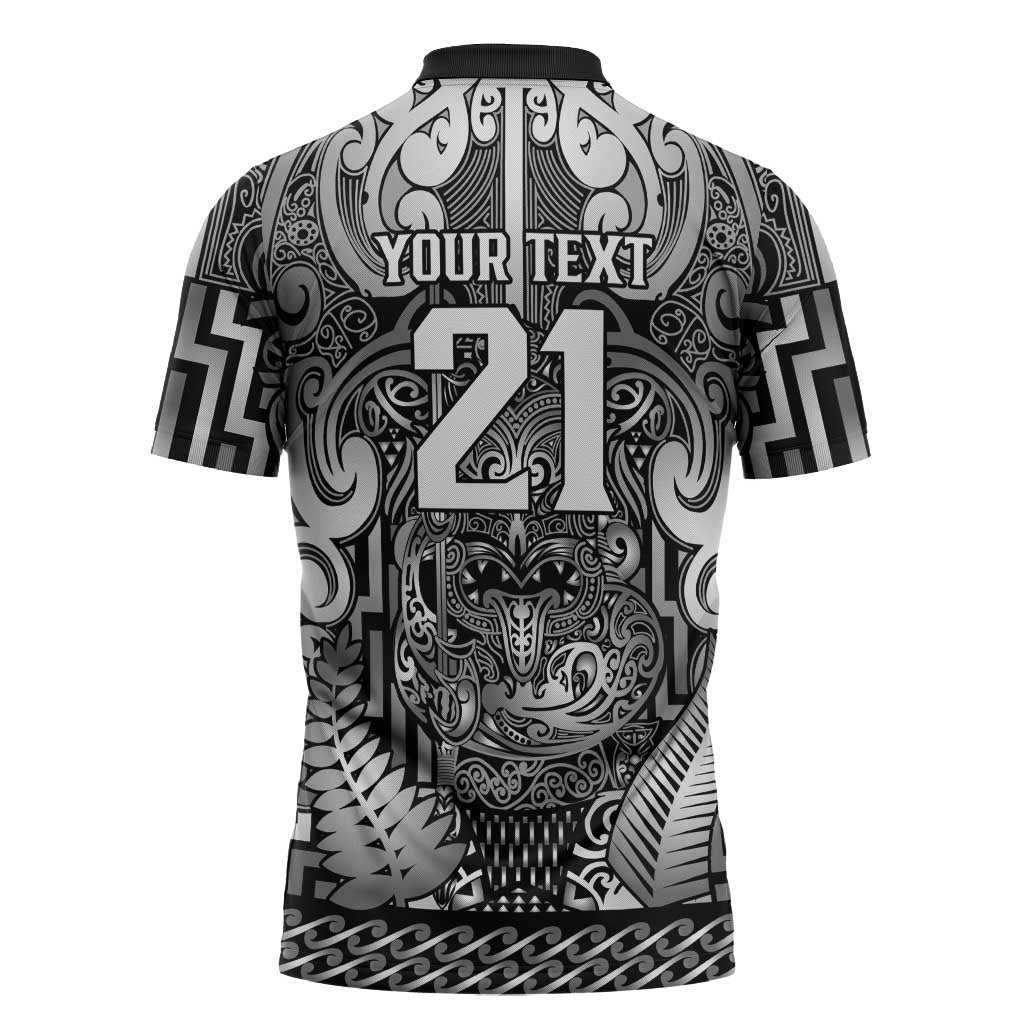 Custom New Zealand Taiaha Maori Zipper Polo Shirt Kiwikiwi Minimalist Silver Fern Tukutuku Motif