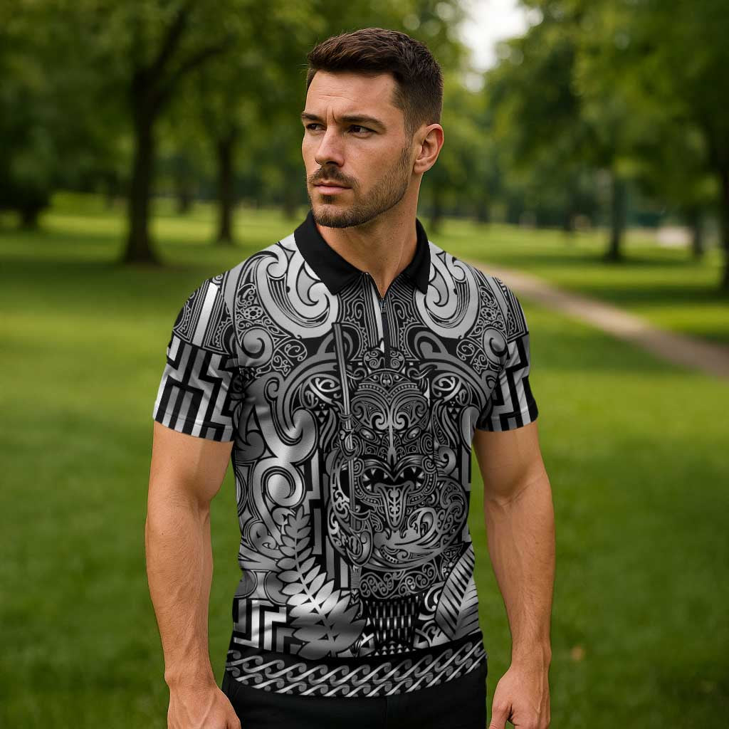 Custom New Zealand Taiaha Maori Zipper Polo Shirt Kiwikiwi Minimalist Silver Fern Tukutuku Motif
