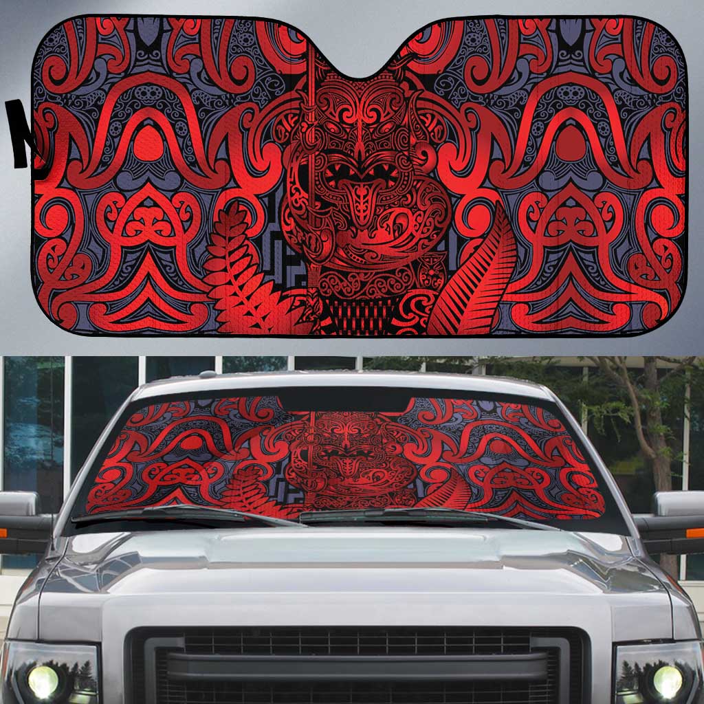 New Zealand Taiaha Maori Auto Sun Shade Whero Minimalist Silver Fern Tukutuku Motif