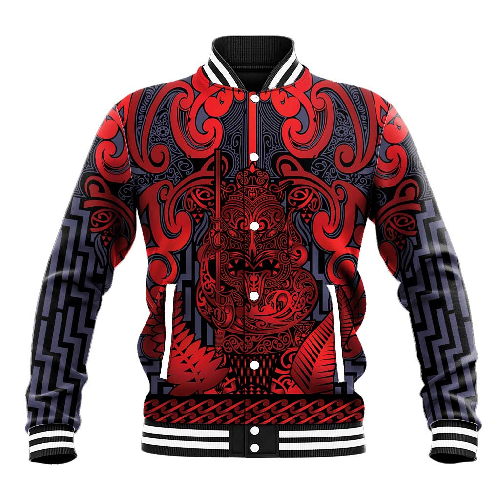 Custom New Zealand Taiaha Maori Baseball Jacket Whero Minimalist Silver Fern Tukutuku Motif