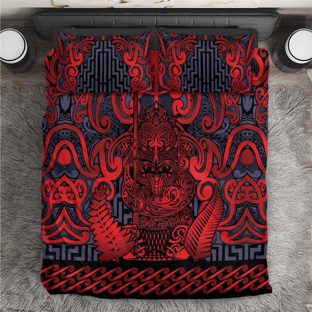 New Zealand Taiaha Maori Bedding Set Whero Minimalist Silver Fern Tukutuku Motif