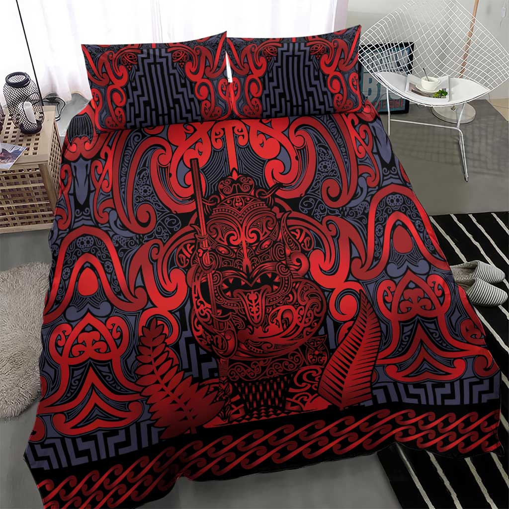 New Zealand Taiaha Maori Bedding Set Whero Minimalist Silver Fern Tukutuku Motif