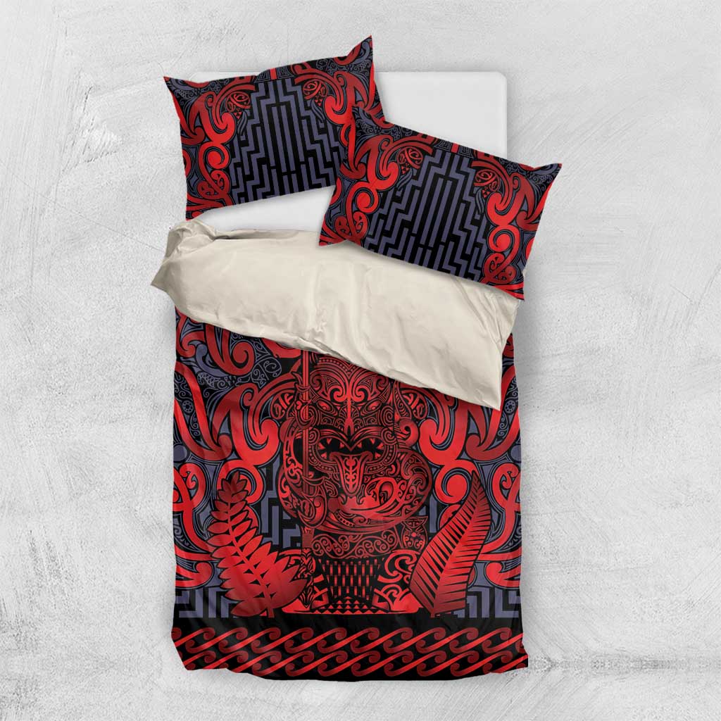 New Zealand Taiaha Maori Bedding Set Whero Minimalist Silver Fern Tukutuku Motif