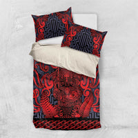 New Zealand Taiaha Maori Bedding Set Whero Minimalist Silver Fern Tukutuku Motif