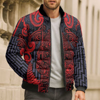Custom New Zealand Taiaha Maori Bomber Puffer Jacket Whero Minimalist Silver Fern Tukutuku Motif