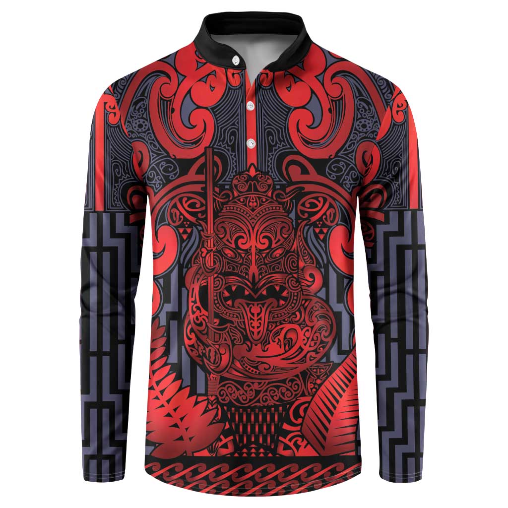Custom New Zealand Taiaha Maori Button Sweatshirt Whero Minimalist Silver Fern Tukutuku Motif LT9 Red - Polynesian Pride