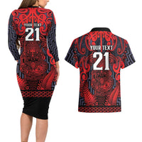 Custom New Zealand Taiaha Maori Couples Matching Long Sleeve Bodycon Dress and Hawaiian Shirt Whero Minimalist Silver Fern Tukutuku Motif LT9 - Polynesian Pride