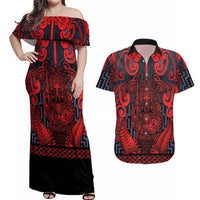 Custom New Zealand Taiaha Maori Couples Matching Off Shoulder Maxi Dress and Hawaiian Shirt Whero Minimalist Silver Fern Tukutuku Motif LT9 Red - Polynesian Pride