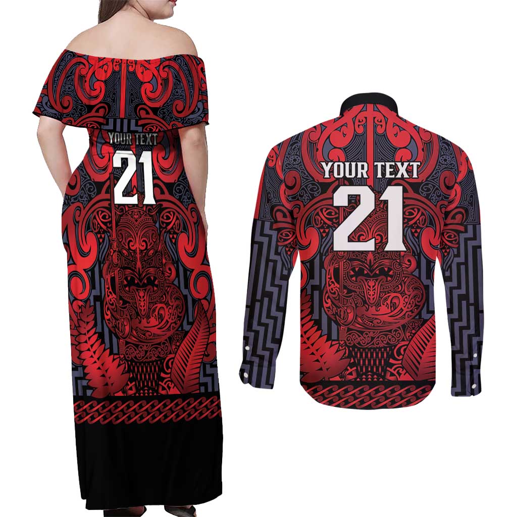 Custom New Zealand Taiaha Maori Couples Matching Off Shoulder Maxi Dress and Long Sleeve Button Shirt Whero Minimalist Silver Fern Tukutuku Motif LT9 - Polynesian Pride