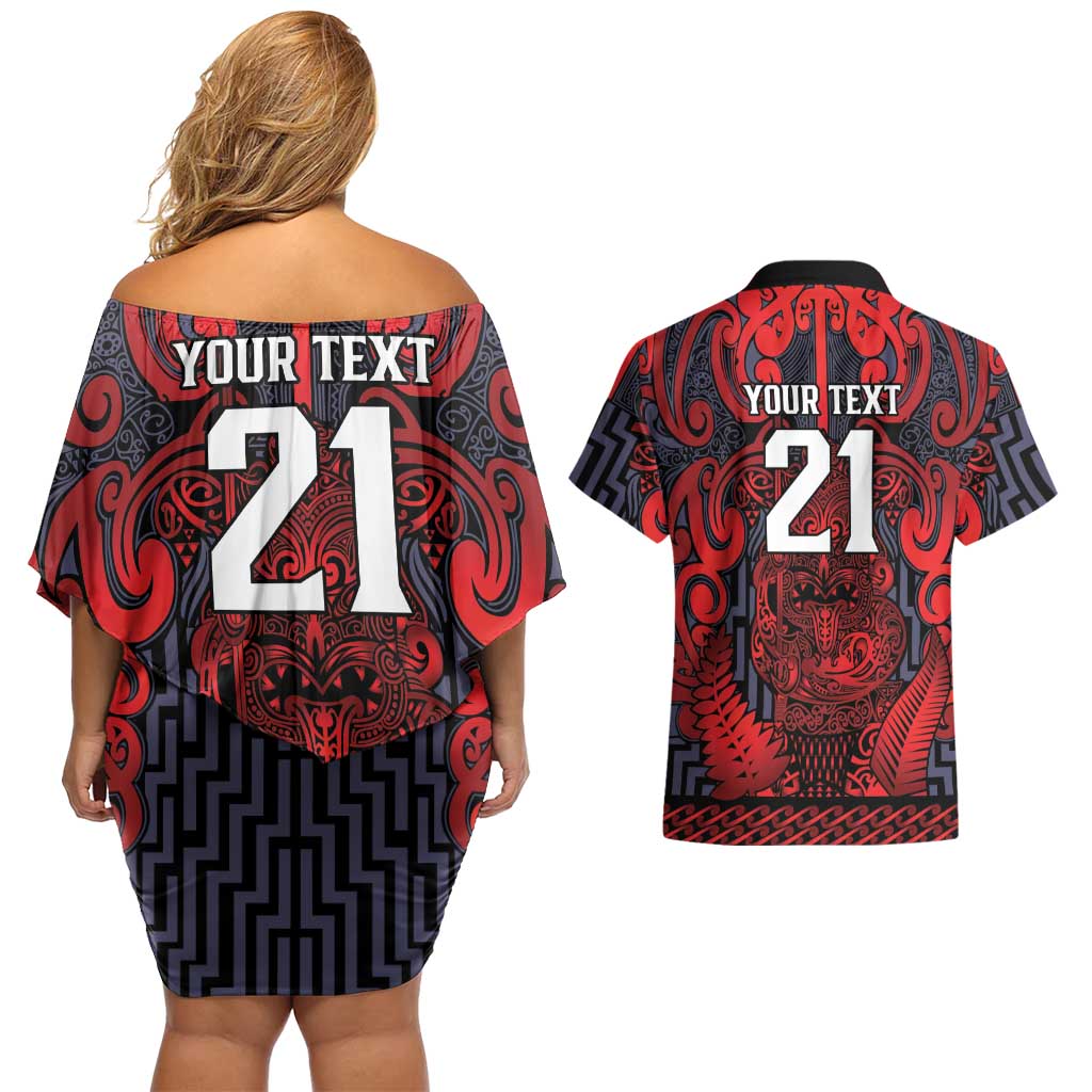 Custom New Zealand Taiaha Maori Couples Matching Off Shoulder Short Dress and Hawaiian Shirt Whero Minimalist Silver Fern Tukutuku Motif LT9 - Polynesian Pride