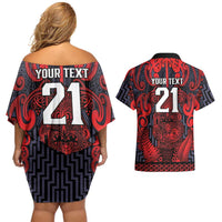Custom New Zealand Taiaha Maori Couples Matching Off Shoulder Short Dress and Hawaiian Shirt Whero Minimalist Silver Fern Tukutuku Motif LT9 - Polynesian Pride
