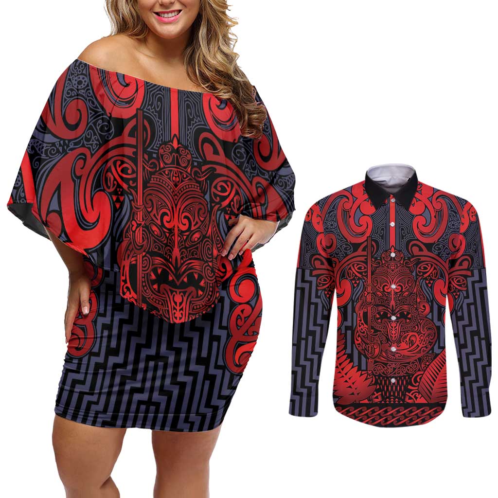 Custom New Zealand Taiaha Maori Couples Matching Off Shoulder Short Dress and Long Sleeve Button Shirt Whero Minimalist Silver Fern Tukutuku Motif LT9 Red - Polynesian Pride