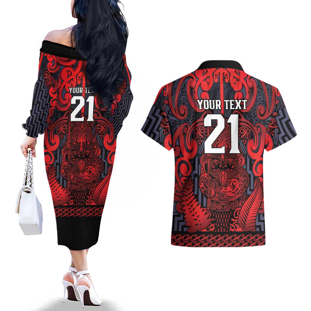 Custom New Zealand Taiaha Maori Couples Matching Off The Shoulder Long Sleeve Dress and Hawaiian Shirt Whero Minimalist Silver Fern Tukutuku Motif LT9 - Polynesian Pride