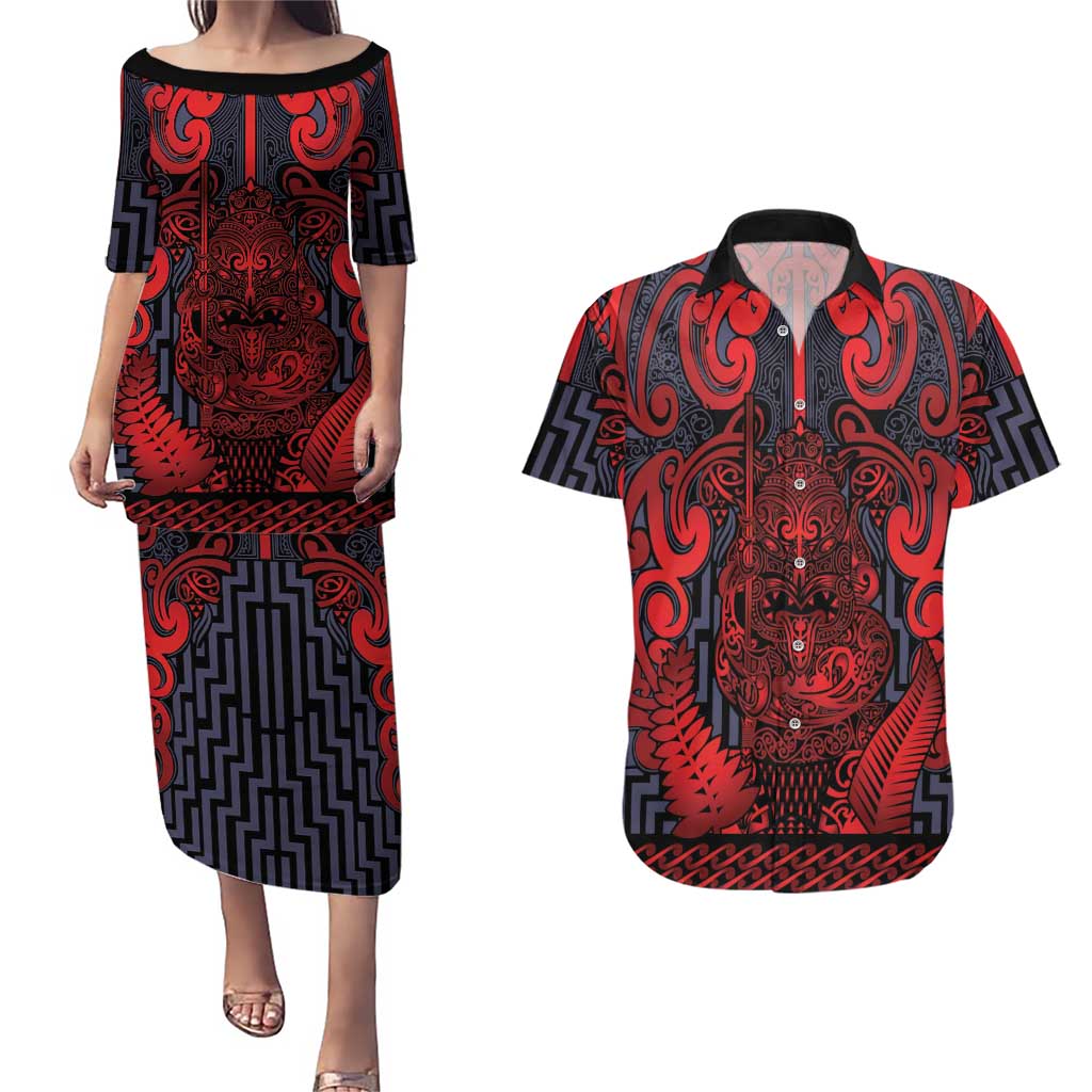 Custom New Zealand Taiaha Maori Couples Matching Puletasi and Hawaiian Shirt Whero Minimalist Silver Fern Tukutuku Motif LT9 Red - Polynesian Pride