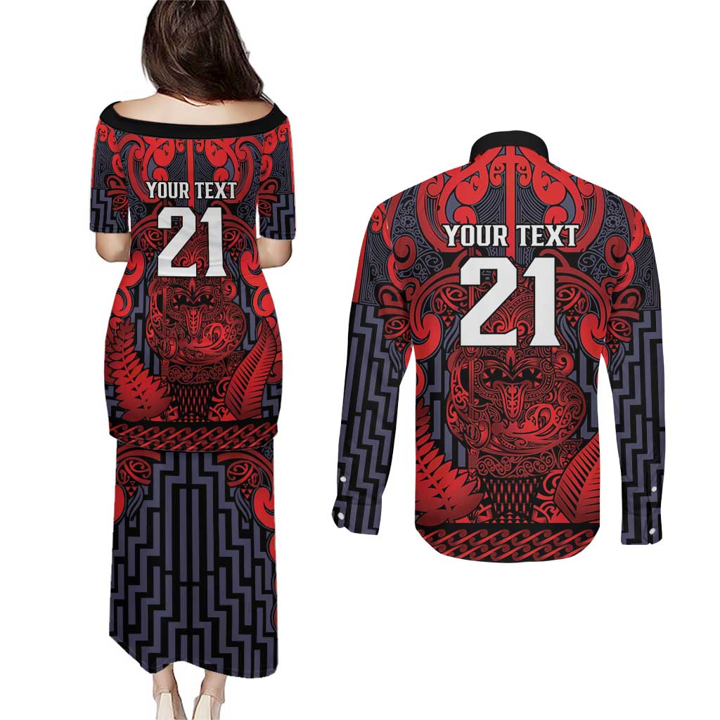 Custom New Zealand Taiaha Maori Couples Matching Puletasi and Long Sleeve Button Shirt Whero Minimalist Silver Fern Tukutuku Motif LT9 - Polynesian Pride