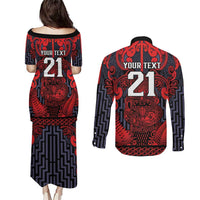 Custom New Zealand Taiaha Maori Couples Matching Puletasi and Long Sleeve Button Shirt Whero Minimalist Silver Fern Tukutuku Motif LT9 - Polynesian Pride