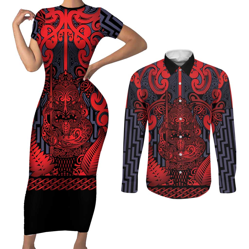 Custom New Zealand Taiaha Maori Couples Matching Short Sleeve Bodycon Dress and Long Sleeve Button Shirt Whero Minimalist Silver Fern Tukutuku Motif LT9 Red - Polynesian Pride