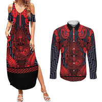 Custom New Zealand Taiaha Maori Couples Matching Summer Maxi Dress and Long Sleeve Button Shirt Whero Minimalist Silver Fern Tukutuku Motif LT9 Red - Polynesian Pride