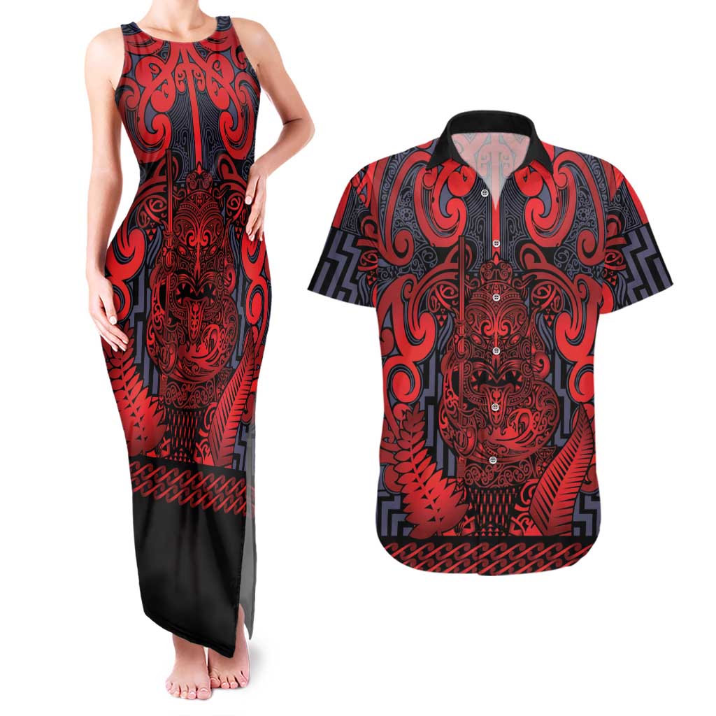 Custom New Zealand Taiaha Maori Couples Matching Tank Maxi Dress and Hawaiian Shirt Whero Minimalist Silver Fern Tukutuku Motif