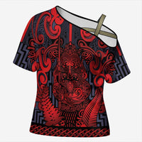 Custom New Zealand Taiaha Maori Cross Shoulder Shirt Whero Minimalist Silver Fern Tukutuku Motif LT9 Female Red - Polynesian Pride