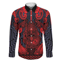 Custom New Zealand Taiaha Maori Family Matching Long Sleeve Bodycon Dress and Hawaiian Shirt Whero Minimalist Silver Fern Tukutuku Motif LT9 Dad's Shirt - Long Sleeve Red - Polynesian Pride