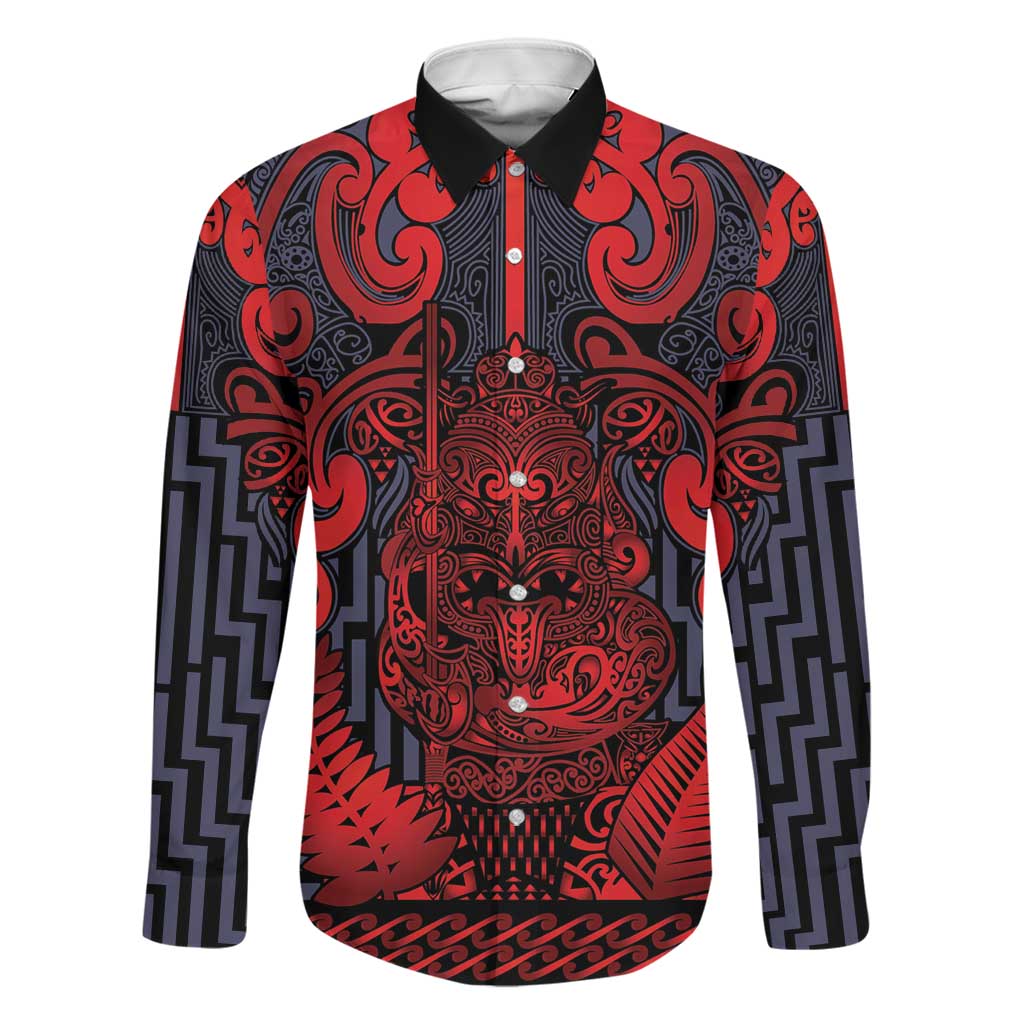 Custom New Zealand Taiaha Maori Family Matching Mermaid Dress and Hawaiian Shirt Whero Minimalist Silver Fern Tukutuku Motif LT9 Dad's Shirt - Long Sleeve Red - Polynesian Pride