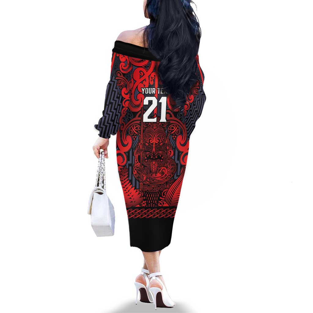 Custom New Zealand Taiaha Maori Family Matching Off The Shoulder Long Sleeve Dress and Hawaiian Shirt Whero Minimalist Silver Fern Tukutuku Motif LT9 - Polynesian Pride
