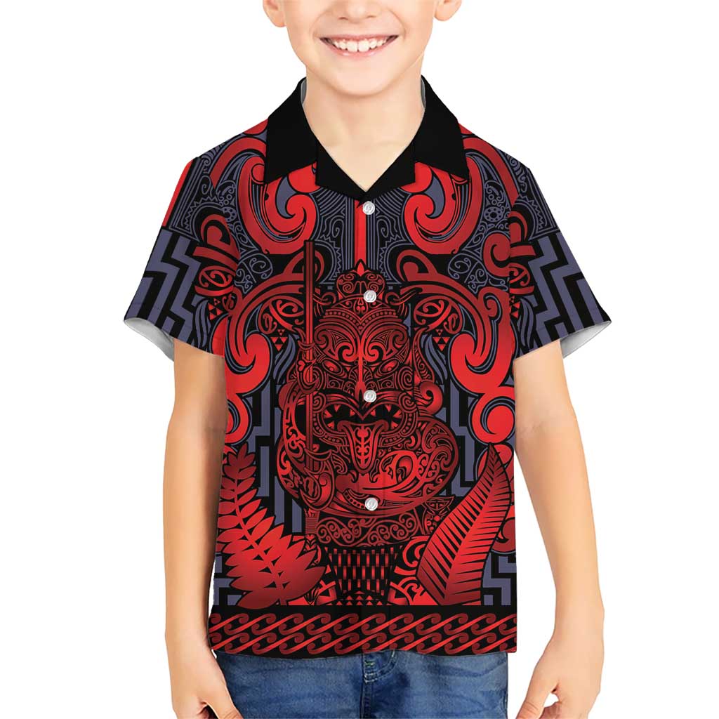 Custom New Zealand Taiaha Maori Family Matching Off The Shoulder Long Sleeve Dress and Hawaiian Shirt Whero Minimalist Silver Fern Tukutuku Motif LT9 Son's Shirt Red - Polynesian Pride