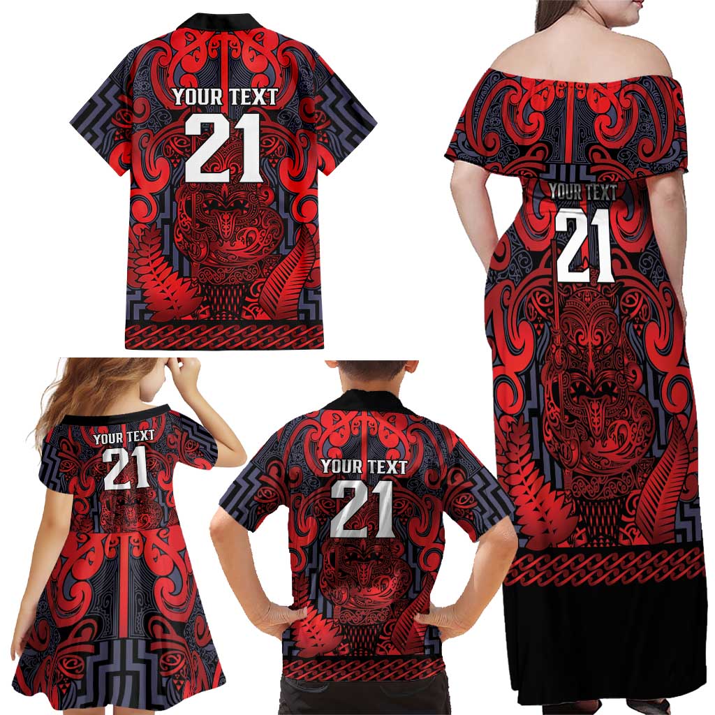 Custom New Zealand Taiaha Maori Family Matching Off Shoulder Maxi Dress and Hawaiian Shirt Whero Minimalist Silver Fern Tukutuku Motif LT9 - Polynesian Pride
