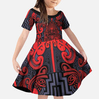 Custom New Zealand Taiaha Maori Family Matching Puletasi and Hawaiian Shirt Whero Minimalist Silver Fern Tukutuku Motif LT9 Daughter's Dress Red - Polynesian Pride