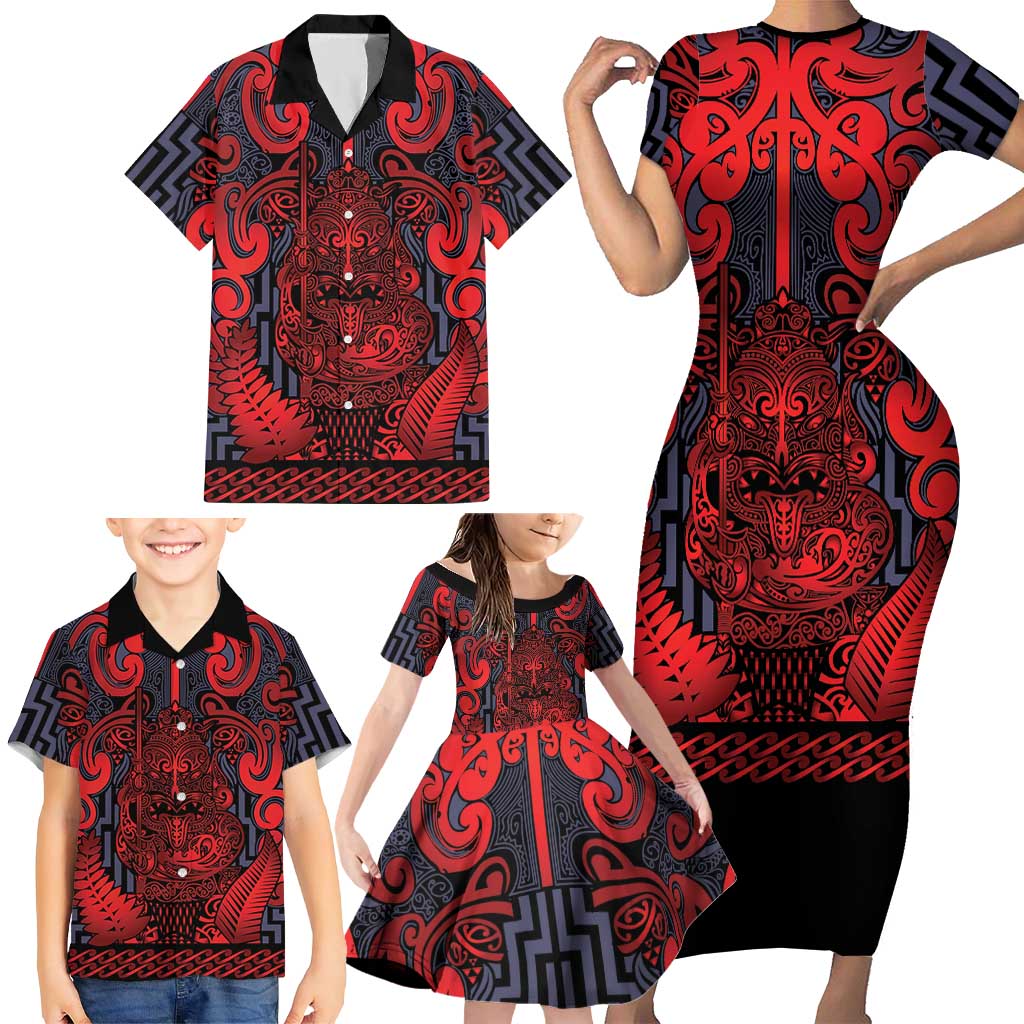 Custom New Zealand Taiaha Maori Family Matching Short Sleeve Bodycon Dress and Hawaiian Shirt Whero Minimalist Silver Fern Tukutuku Motif LT9 - Polynesian Pride