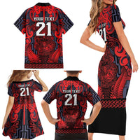 Custom New Zealand Taiaha Maori Family Matching Short Sleeve Bodycon Dress and Hawaiian Shirt Whero Minimalist Silver Fern Tukutuku Motif LT9 - Polynesian Pride