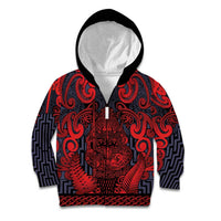 Custom New Zealand Taiaha Maori Kid Hoodie Whero Minimalist Silver Fern Tukutuku Motif LT9 Zip Hoodie Red - Polynesian Pride