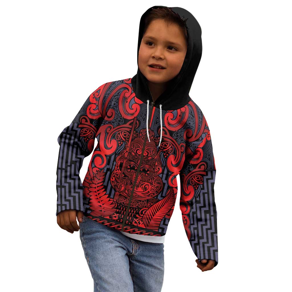 Custom New Zealand Taiaha Maori Kid Hoodie Whero Minimalist Silver Fern Tukutuku Motif LT9 - Polynesian Pride