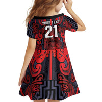 Custom New Zealand Taiaha Maori Kid Short Sleeve Dress Whero Minimalist Silver Fern Tukutuku Motif LT9 - Polynesian Pride