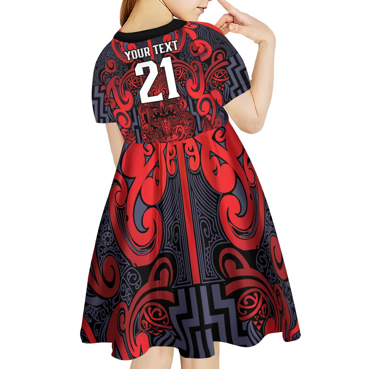 Custom New Zealand Taiaha Maori Kid Short Sleeve Dress Whero Minimalist Silver Fern Tukutuku Motif LT9 - Polynesian Pride