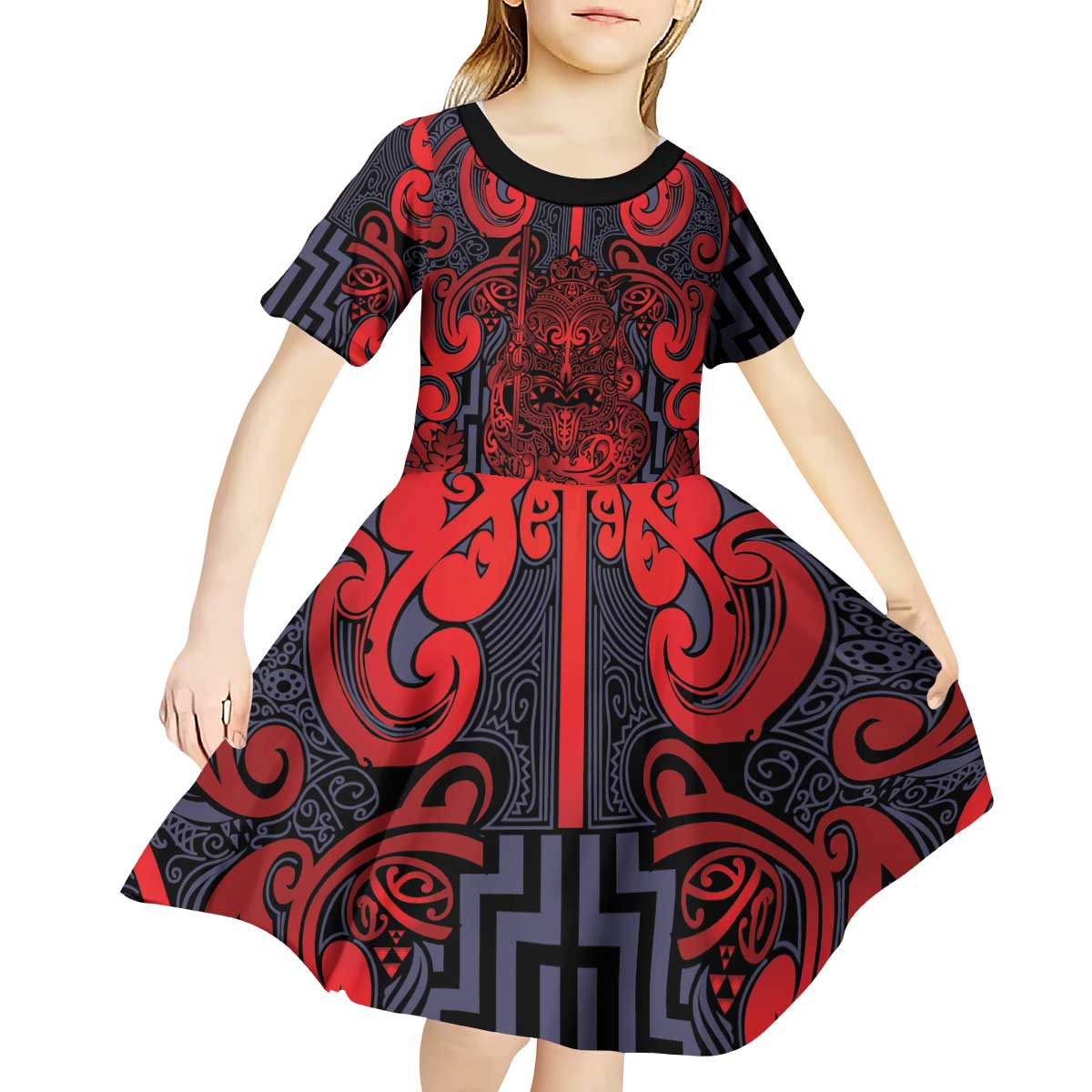 Custom New Zealand Taiaha Maori Kid Short Sleeve Dress Whero Minimalist Silver Fern Tukutuku Motif LT9 - Polynesian Pride