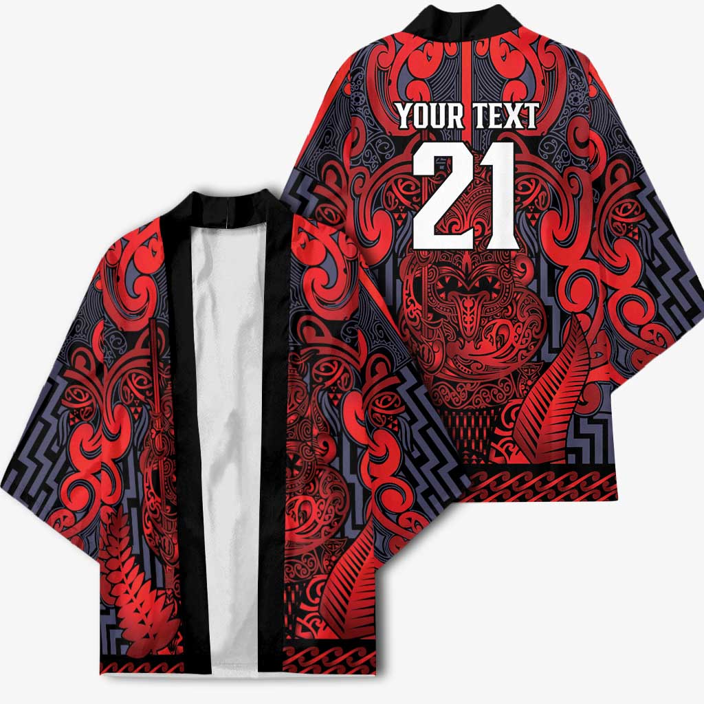 Custom New Zealand Taiaha Maori Kimono Whero Minimalist Silver Fern Tukutuku Motif