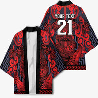 Custom New Zealand Taiaha Maori Kimono Whero Minimalist Silver Fern Tukutuku Motif