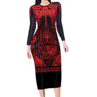 Custom New Zealand Taiaha Maori Long Sleeve Bodycon Dress Whero Minimalist Silver Fern Tukutuku Motif LT9 Long Dress Red - Polynesian Pride