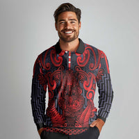 Custom New Zealand Taiaha Maori Long Sleeve Polo Shirt Whero Minimalist Silver Fern Tukutuku Motif
